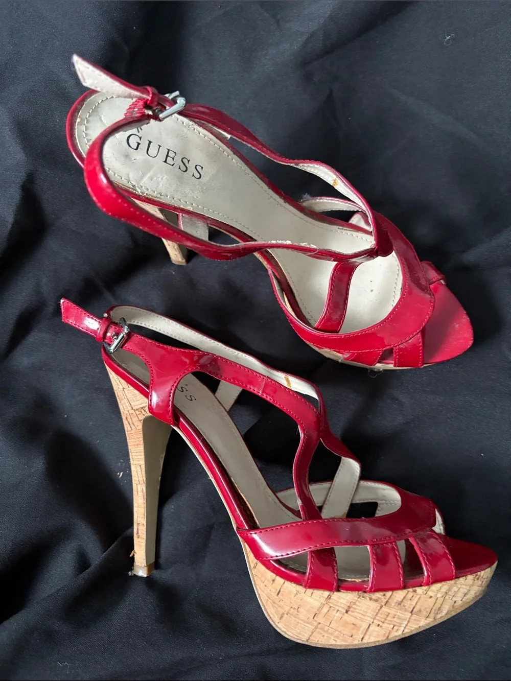 GUESS Red Patent Cork Platform Sandals with Ankle Strap